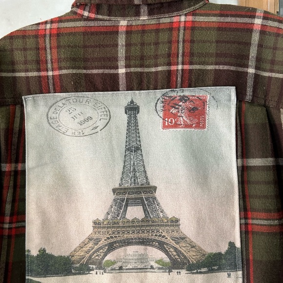 Flannel plaid George Vintage shirt Paris Eiffel Tower patch on back sz L - Picture 4 of 6